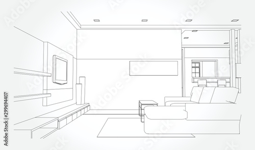 Linear sketch of an interior. Sketch Line bed room . Vector illustration.outline sketch drawing perspective of a interior space
