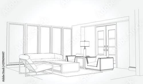 Linear sketch of an interior. Sketch Line bed room . Vector illustration.outline sketch drawing perspective of a interior space