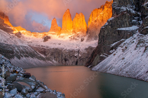Sunrise over the three Peaks forming the Torres del paine, Patagonia, Chile