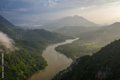 Принти на полотні Aerial view of mountains and river Nong Khiaw
