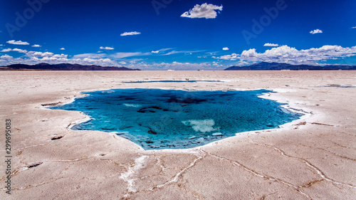 Salty water puddles on the salt flat of Salta, Argentina photo