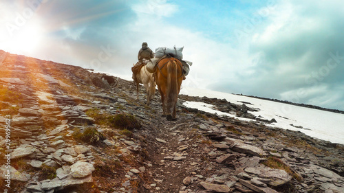 A horseman with two horses climbing the trail to the top of the mountain on a sunny day.