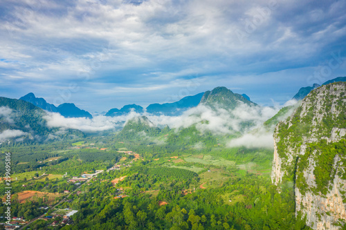 Aerial view of beautiful landscapes at Vang Vieng   Laos. Southeast Asia. Photo made by drone from above. Bird eye view.