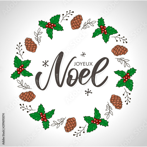 Merry Christmas card template with greetings in french language. Joyeux noel. Vector illustration EPS10