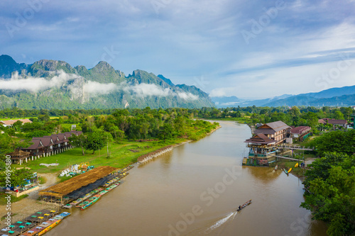 Aerial view of beautiful landscapes at Vang Vieng , Laos. Southeast Asia. Photo made by drone from above. Bird eye view. © Curioso.Photography