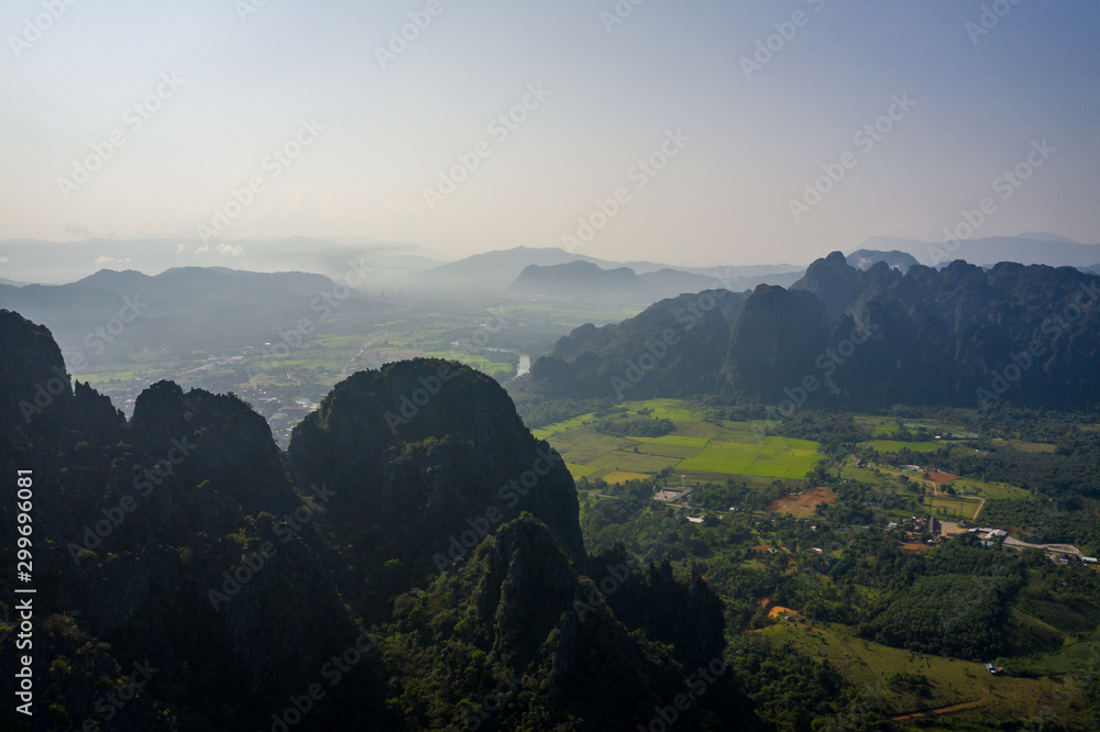 Aerial view of beautiful landscapes at Vang Vieng , Laos. Southeast Asia. Photo made by drone from above. Bird eye view.