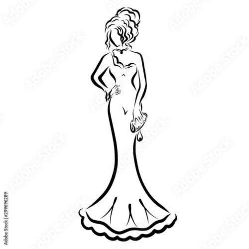 Woman in a tight-fitting long evening dress with a small handbag in her hand