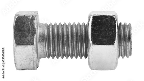 Metal bolt with nut isolated on a white background.