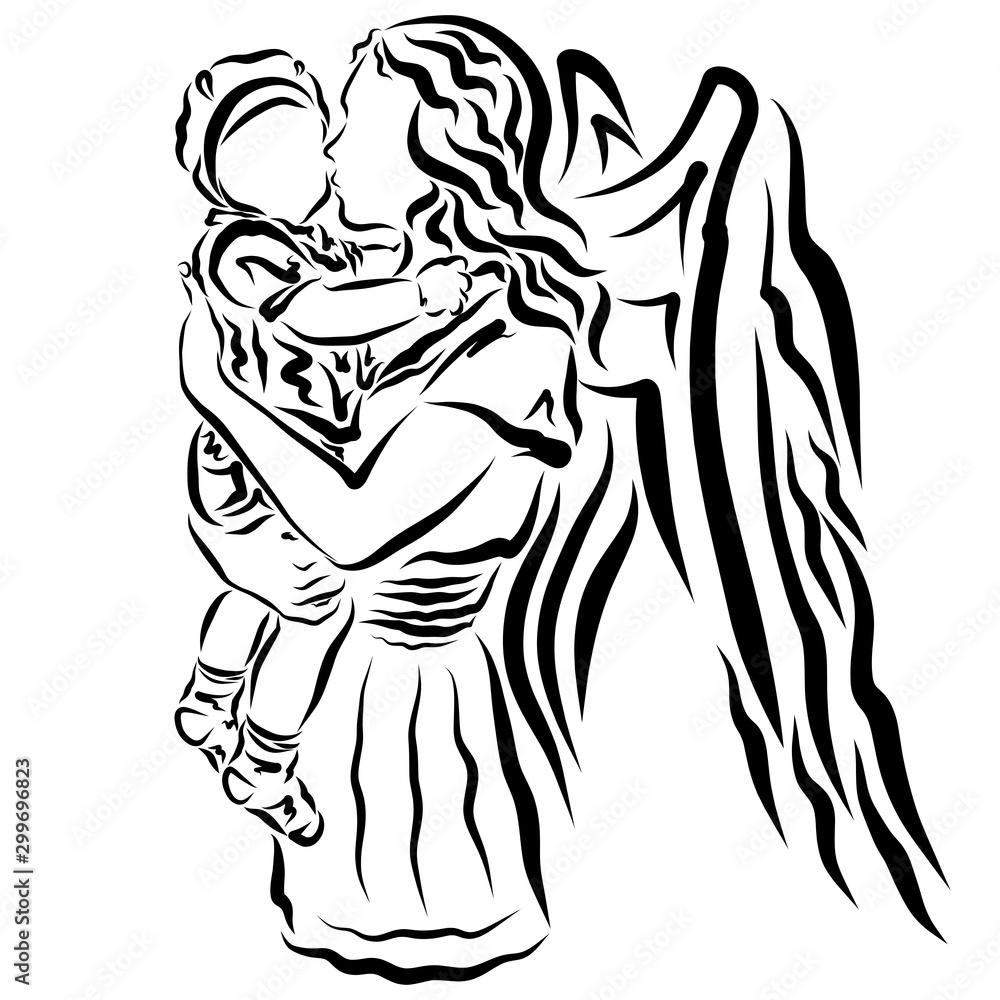 Beautiful young winged mom or fairy kisses her baby Beautiful young winged mom or fairy kisses her baby