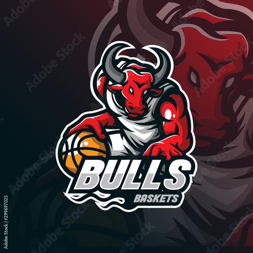 bull mascot logo design vector with modern illustration concept style for badge, emblem and tshirt printing. bull illustration with basketball in hand.