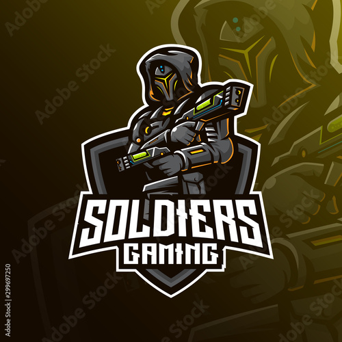 soldier mascot logo design vector with modern illustration concept style for badge, emblem and tshirt printing. robotic soldier illustration for sport and esport team.