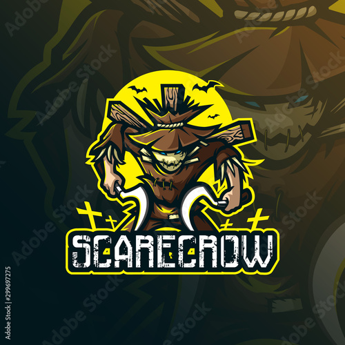 scarecrow mascot logo design vector with modern illustration concept style for badge, emblem and tshirt printing. angry scarecrow illustration with weapons in hand.