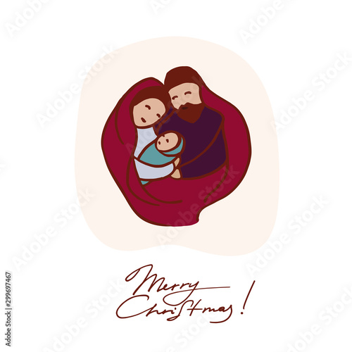 Hand drawn illustration of Nativity, Christian christmas card with baby Jesus, Mary and Josef. Greeting card template.