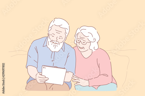 Studying computer by elderly people concept. Technology spread, oldster education, active social life, online communication, senior couple with tablet, learning to use PC together. Simple flat vector