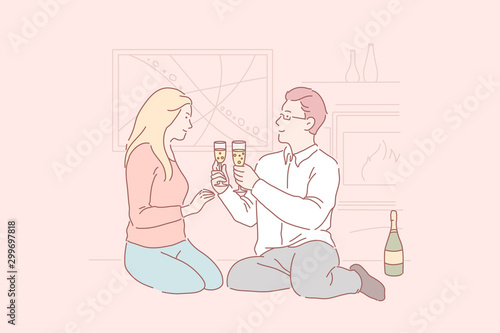 Dating at home, romantic dinner, love atmosphere concept. Family holiday, romance, Valentines Day celebration, enamored couple with champagne glasses, resting together. Simple flat vector