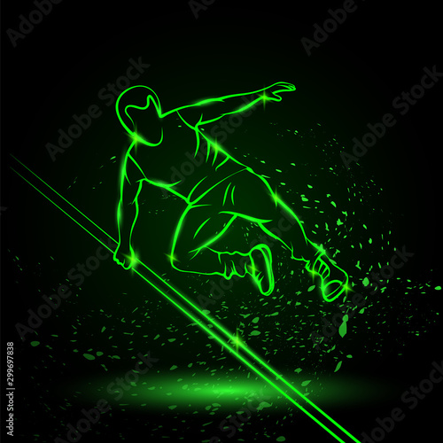 Parkour man jump over an obstacle. Vector green neon sports illustration on a black background.