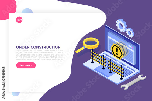  Developing web site, Website under construction, Coming Soon concept page. Maintenance work.  Flat Isometric Vector Illustration.