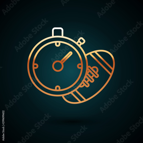Gold line American Football ball and stopwatch icon isolated on dark blue background. Set of sport equipment. Vector Illustration