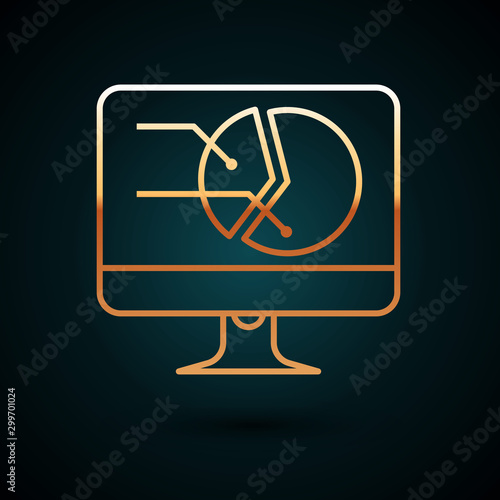 Gold line Computer monitor with graph chart icon isolated on dark blue background. Report text file icon. Accounting sign. Audit, analysis, planning. Vector Illustration