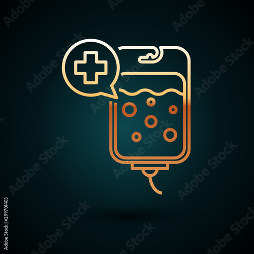 Gold line IV bag icon isolated on dark blue background. Blood bag icon. Donate blood concept. The concept of treatment and therapy, chemotherapy. Vector Illustration