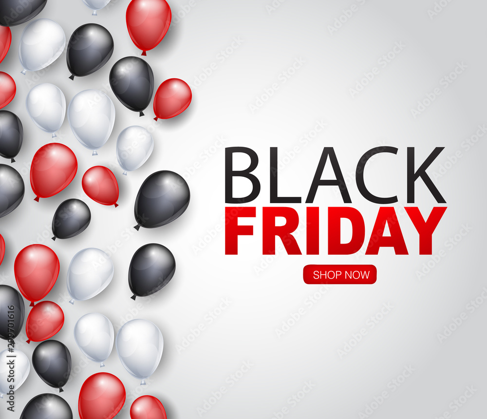Black Friday shopping design concept. Black, red, and white balloons and typography text. Realistic vector illustration. Black Friday shopping design concept. Black, red, and white balloons and typography text. Realistic vector illustration.