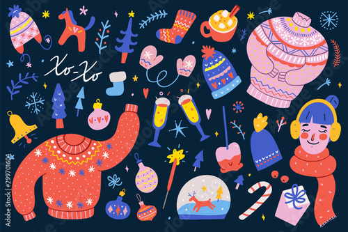 Collection of christmas hand drawn vector isolated clip arts. Colorful doodle cartoon illustrations, christmas card creator, sweater and knit hats with ornaments, decorations and champagne glasses.