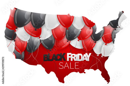 Black Friday Sale graphics for advertisement. USA mainland shape with shiny ballons and typography text. America big sale design concept. Vector illustration.