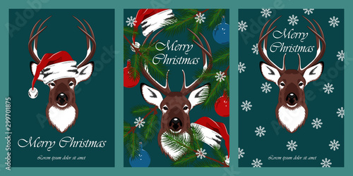 Set of vector christmas cards. Deer, Santa Claus hat, spruce branches, Christmas toys, snowflakes. Design elements for cards, flyers, banners.