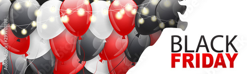 Black Friday banner with shiny balloons and glowing lights garland. Vector illustration.