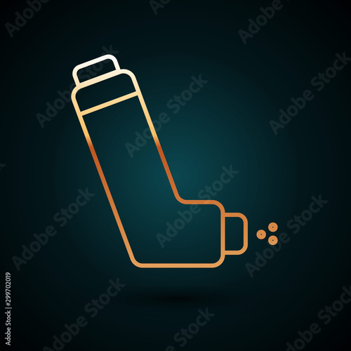 Gold line Inhaler icon isolated on dark blue background. Breather for cough relief, inhalation, allergic patient. Medical allergy asthma inhaler spray. Vector Illustration
