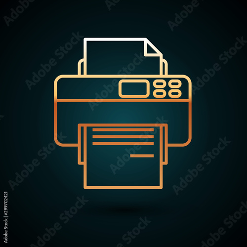 Gold line Printer icon isolated on dark blue background. Vector Illustration