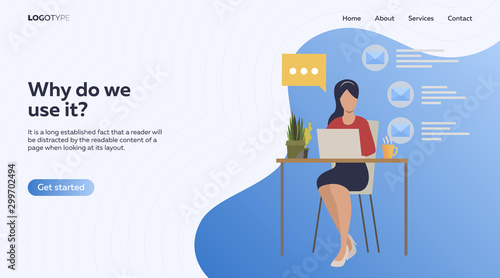 Employee using laptop and speaking. Woman sitting at workplace, computer, video call vector illustration. Business, work on project concept for banner, website design or landing web page