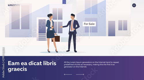 Real estate agent meeting with client. Man and woman standing at building for sale, property, deal vector illustration. Business concept for banner, website design or landing web page