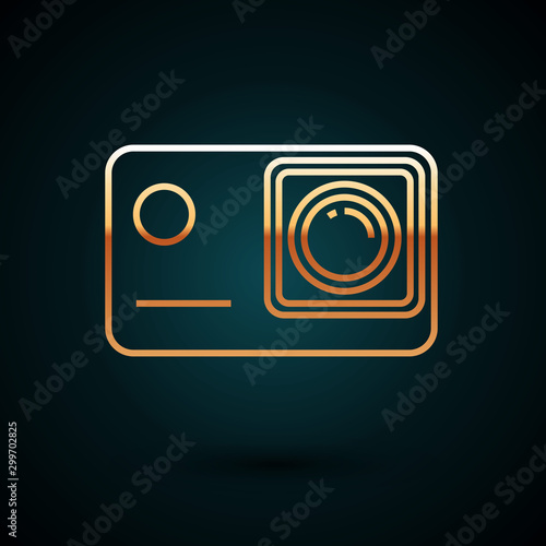Gold line Action extreme camera icon isolated on dark blue background. Video camera equipment for filming extreme sports. Vector Illustration