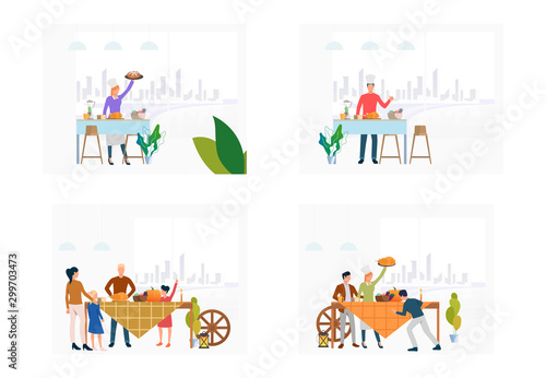 Families celebrating thanksgiving set. People cooking festive dinner, turkey, pumpkin. Flat vector illustrations. Autumn, holiday concept for banner, website design or landing web page photo