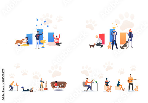 Pets owners set. People winning prize in show, training cats and dogs. Flat vector illustrations. Animals or hobby concept for banner, website design or landing web page