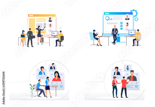 Recruit agency set. Agents analyzing job candidate profiles and CV. Flat vector illustrations. Business, human resource concept for banner, website design or landing web page