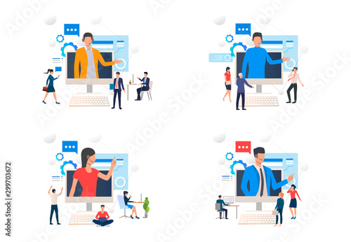 Team consulting support center set. Businesspeople talking to call center operator. Flat vector illustrations. Business and customer service concept for banner, website design or landing web page