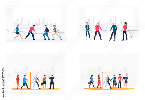 Teams competing in tug-of-war set. Business people walking through screen. Flat vector illustrations. Business, competition concept for banner, website design or landing web page