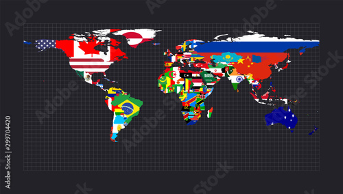 World map with flags of each country. Equirectangular (plate carree) projection. Map of the world with meridians on dark background. Vector illustration.