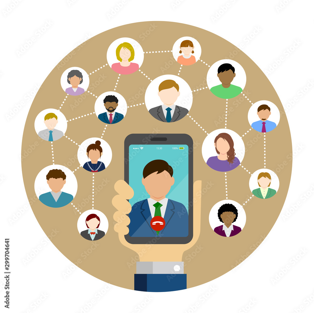 Video call / Global communiation through mobile phone circle vector banner illustration / Hand holding smartphone. Video call / Global communiation through mobile phone circle vector banner illustration / Hand holding smartphone.