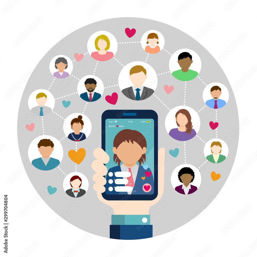 SNS / live chat app / streaming TV circle vector banner illustration. Hand holding smartphone. SNS / live chat app / streaming TV circle vector banner illustration. Hand holding smartphone.