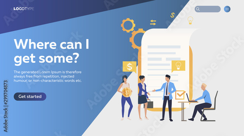 People agreeing on contract. Finance, marketing, business relations flat vector illustration. Business concept for banner, website design, landing web page