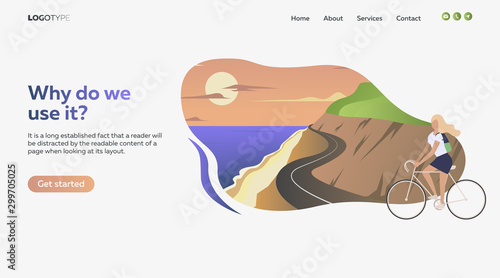 Woman riding bike on the seacoast. Sport, leisure, active lifestyle flat vector illustration. Outdoor activities concept for banner, website design, landing web page