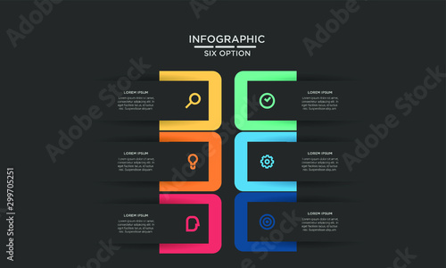 Six 6 Options infographic step chart workflow element Plan Slide Template with dark black background theme
