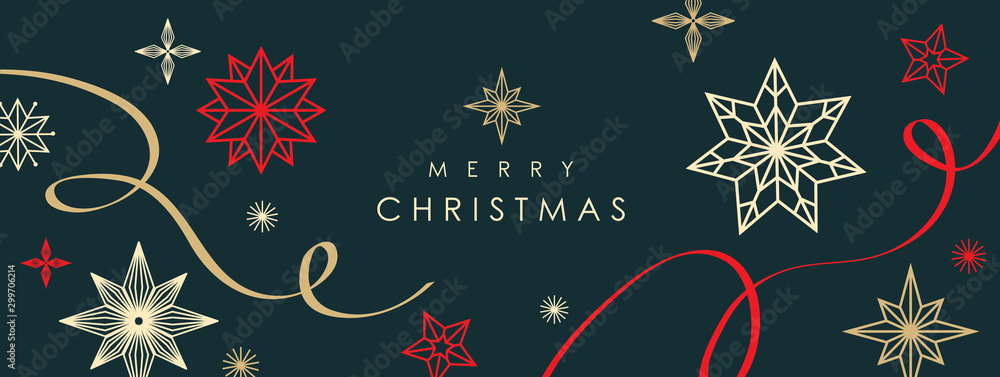 Fototapeta Boże Narodzenie pozdrowienia transparent z wirować wstążki i gwiazdy na czarnym tle