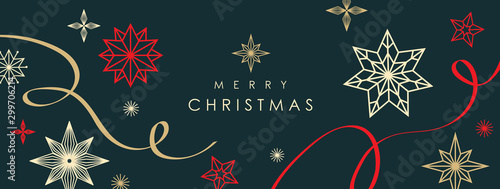 Christmas greetings banner with swirl ribbons and stars on black colour background
