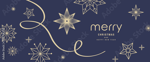 Christmas greetings banner with swirl ribbons and stars on blue colour background photo