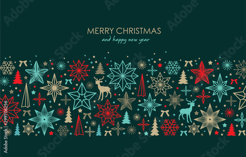 Christmas greeting card/ poster/ cover with stars, snowflakes, Christmas tree and reindeer