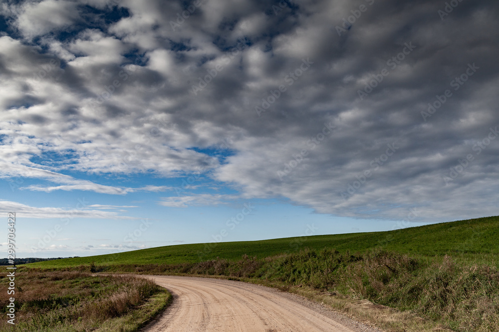 Gravel road in countryside landscape.